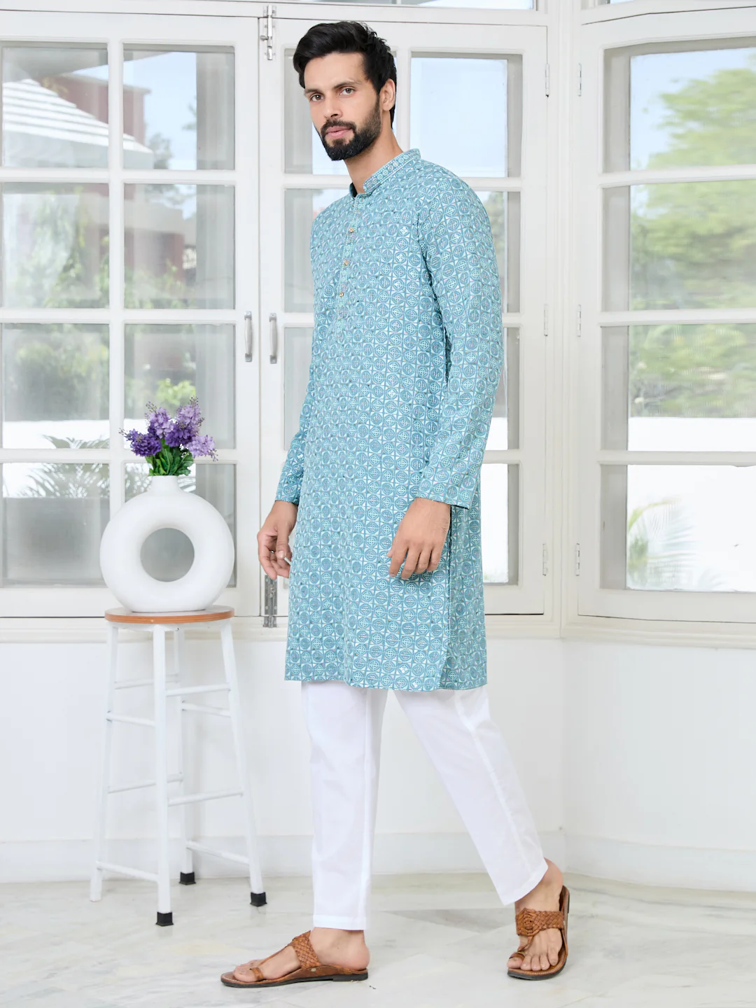 Men Blue Embroidered Mandarin Collar Straight Kurta - Image 5