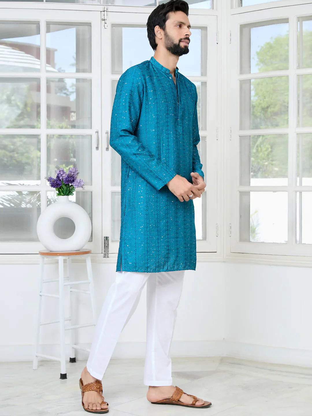 Men Blue Embroidered Thread Work Sequinned Chanderi Silk Straight Kurta - Image 2