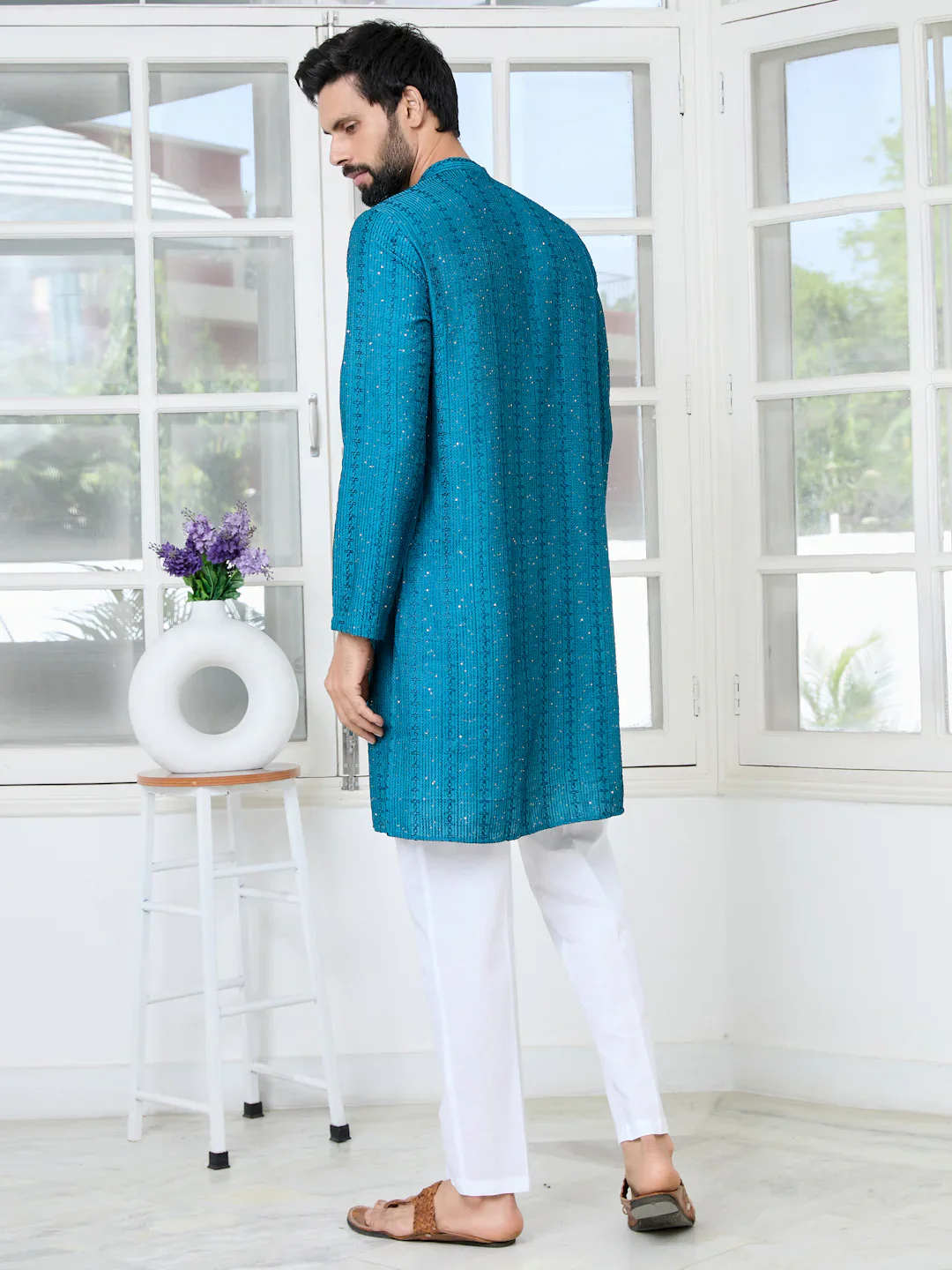 Men Blue Embroidered Thread Work Sequinned Chanderi Silk Straight Kurta - Image 3