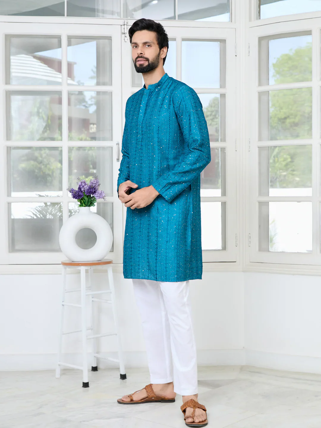 Men Blue Embroidered Thread Work Sequinned Chanderi Silk Straight Kurta - Image 4