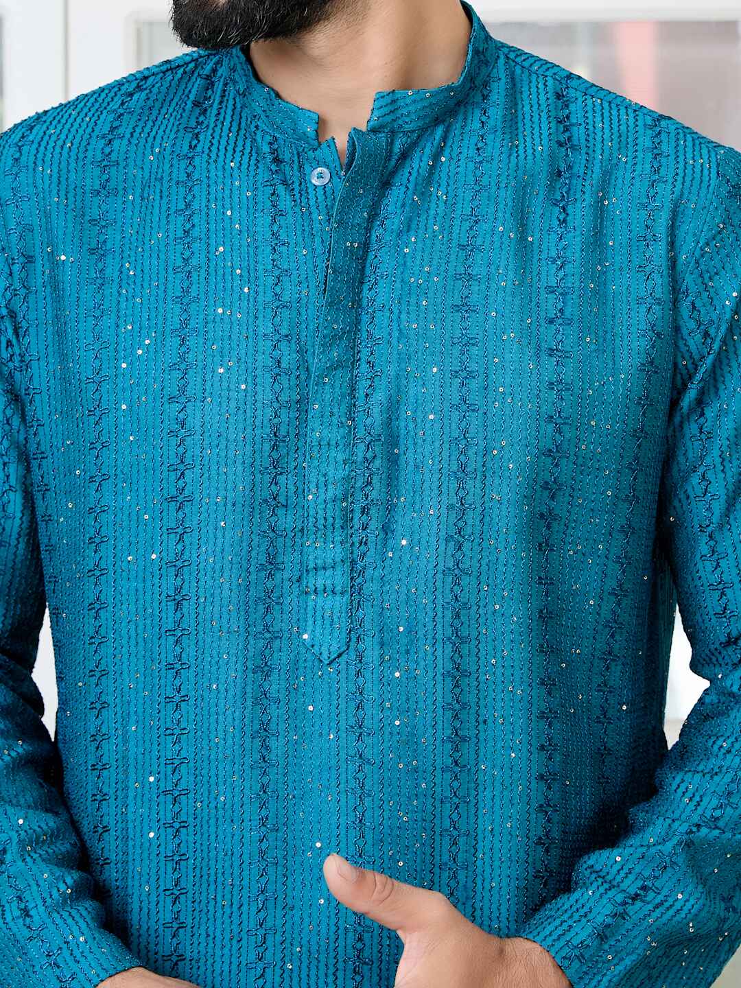 Men Blue Embroidered Thread Work Sequinned Chanderi Silk Straight Kurta - Image 6