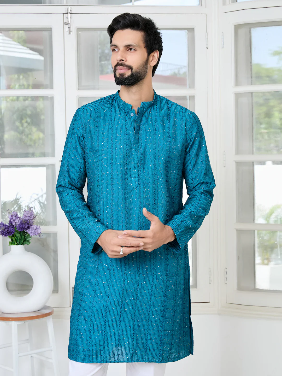 Men Blue Embroidered Thread Work Sequinned Chanderi Silk Straight Kurta - Image 7