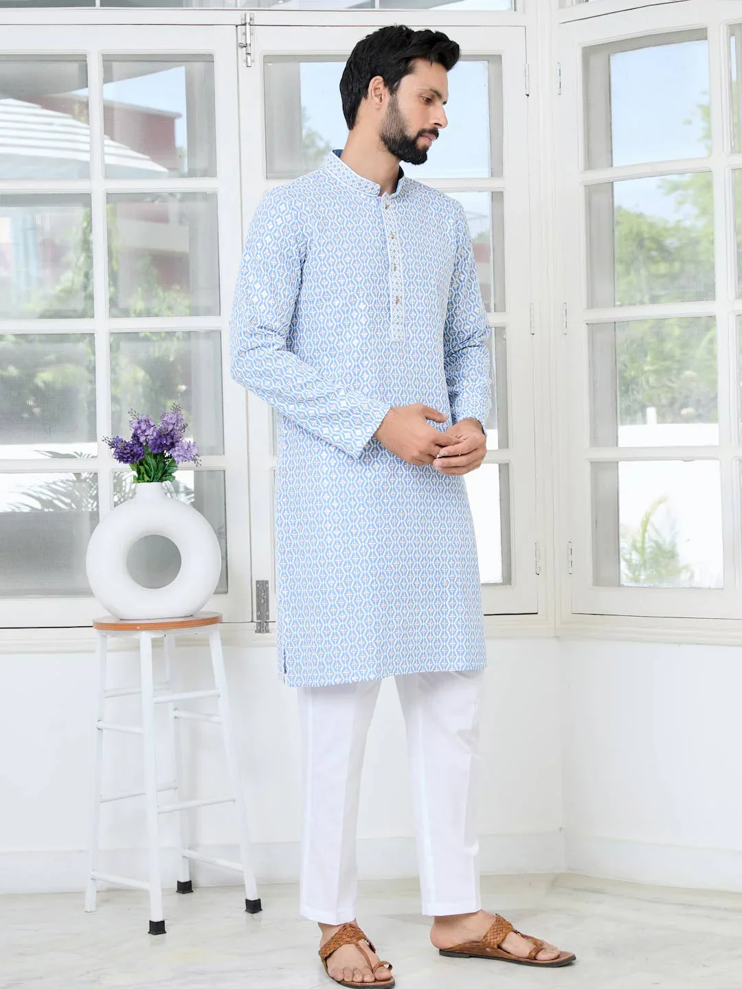 Men Blue Embroidered Thread Work Sequinned Rayon Straight Kurta - Image 2