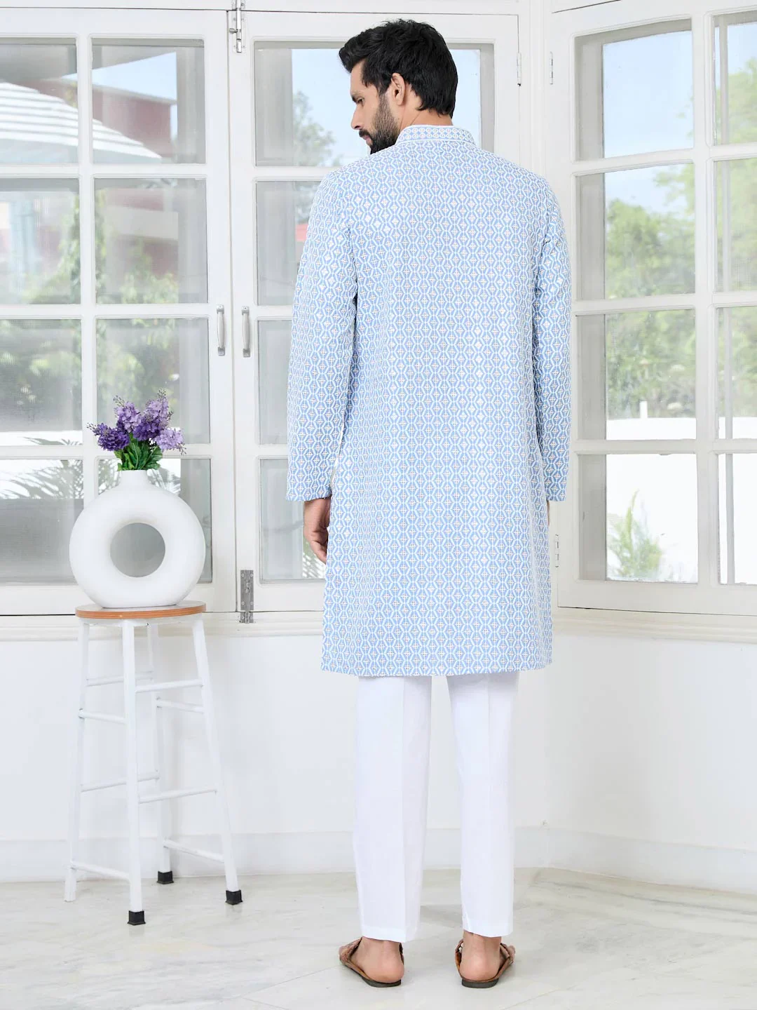 Men Blue Embroidered Thread Work Sequinned Rayon Straight Kurta - Image 3