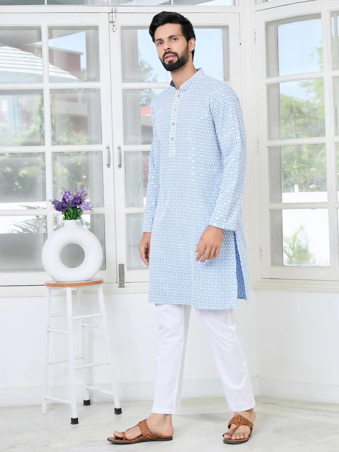 Men Blue Embroidered Thread Work Sequinned Rayon Straight Kurta - Image 4