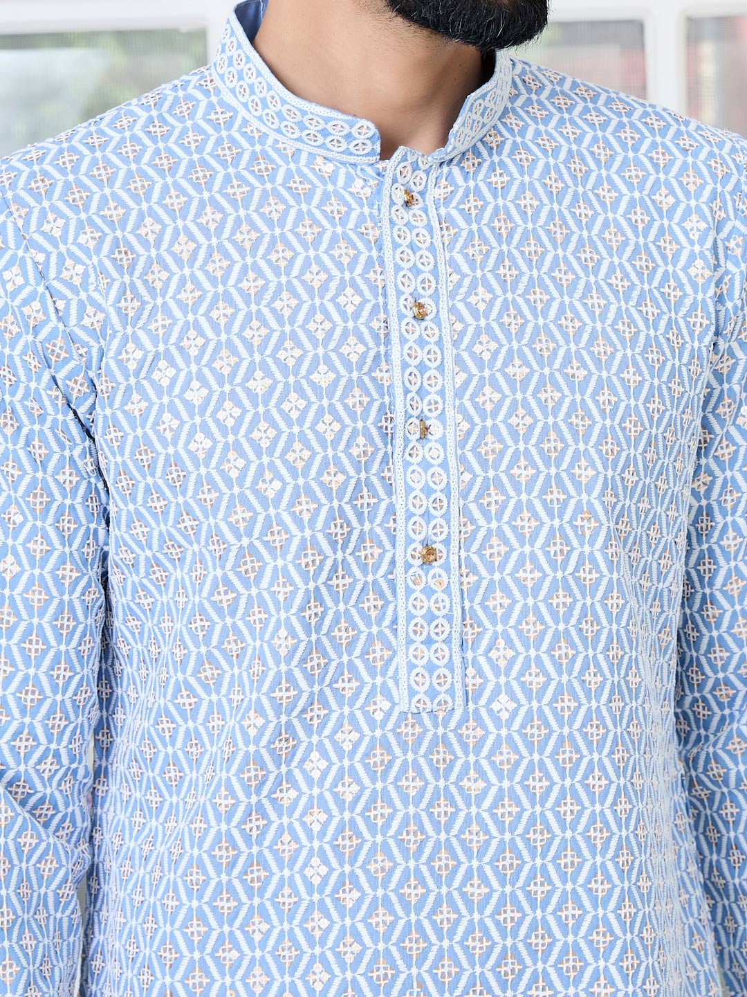Men Blue Embroidered Thread Work Sequinned Rayon Straight Kurta - Image 5
