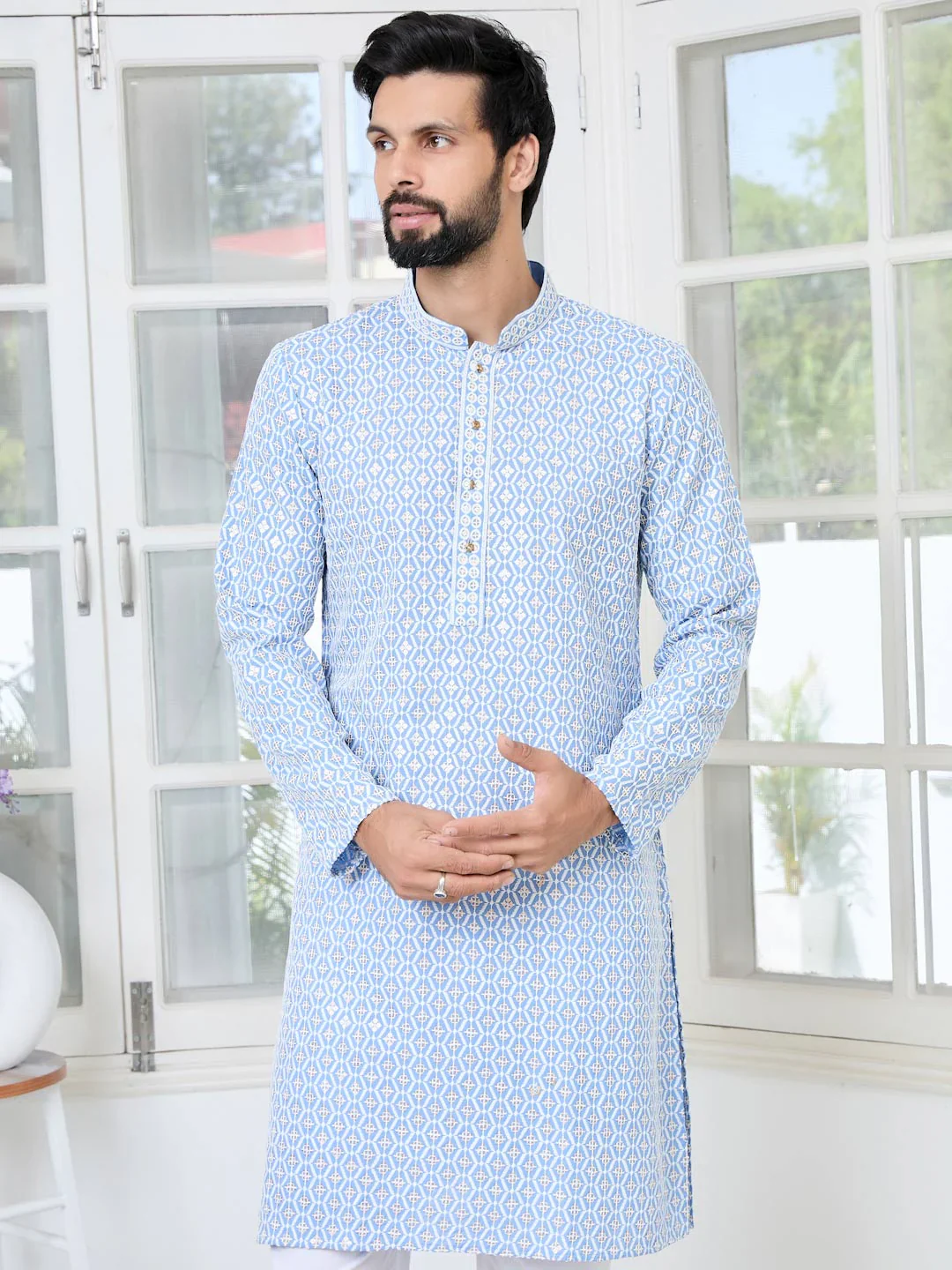 Men Blue Embroidered Thread Work Sequinned Rayon Straight Kurta - Image 6