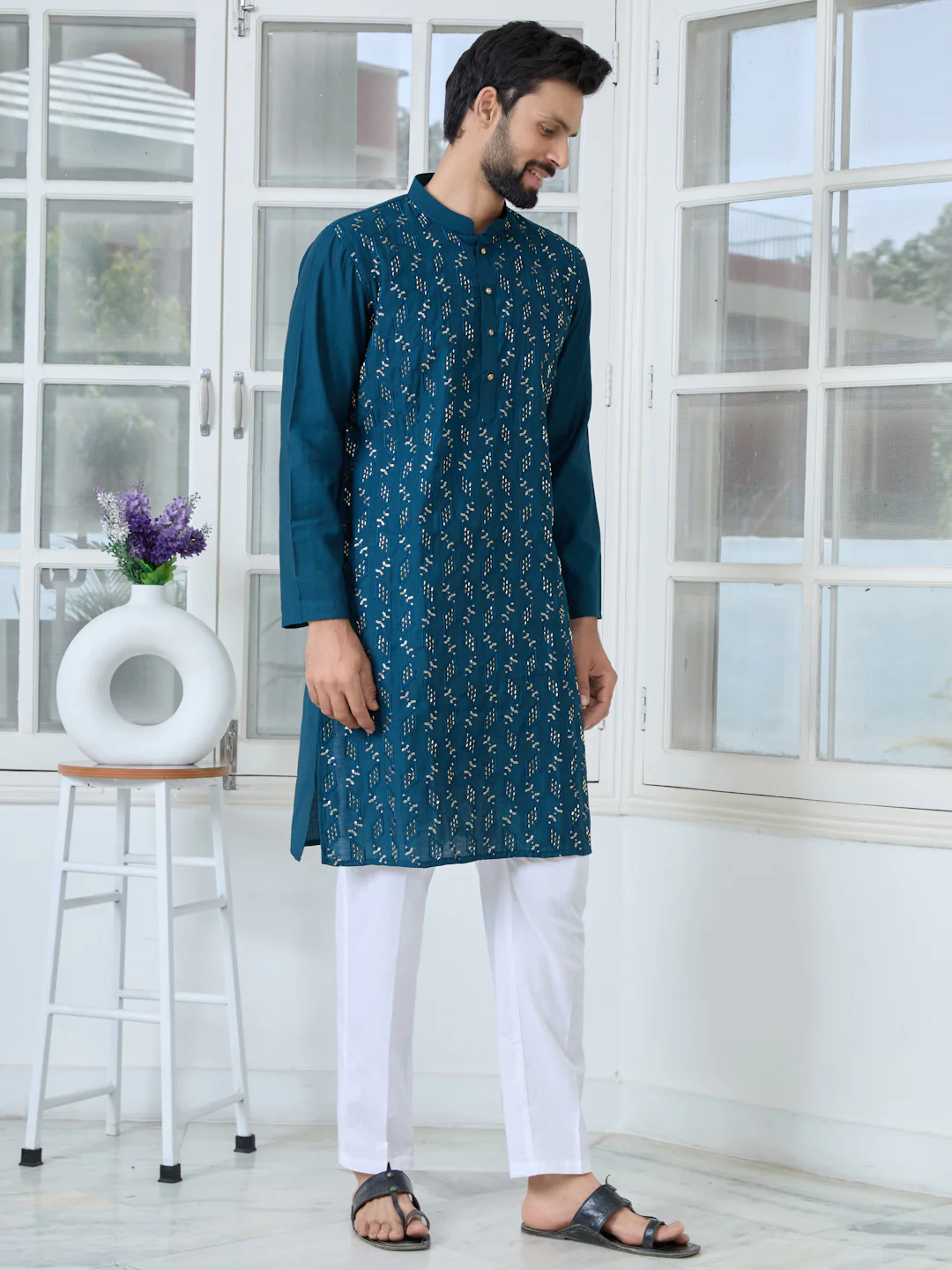 Men Blue Ethnic Motifs Embroidered Sequinned Mandarin Collar Straight Kurta - Image 2