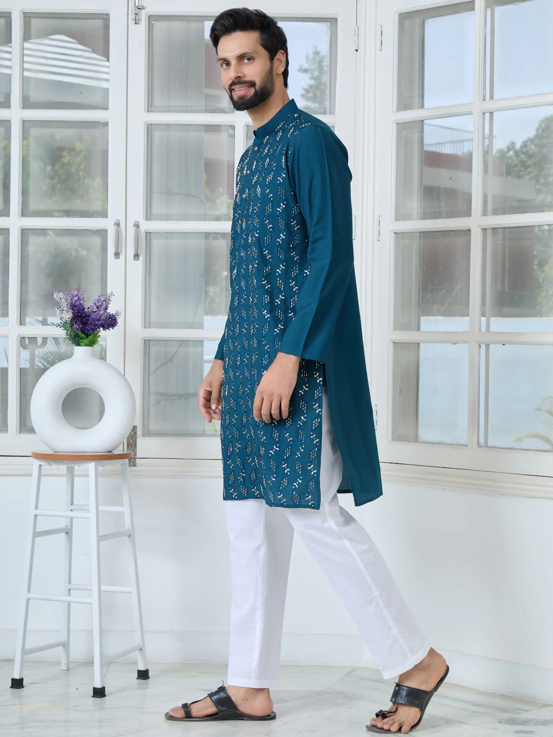 Men Blue Ethnic Motifs Embroidered Sequinned Mandarin Collar Straight Kurta - Image 5