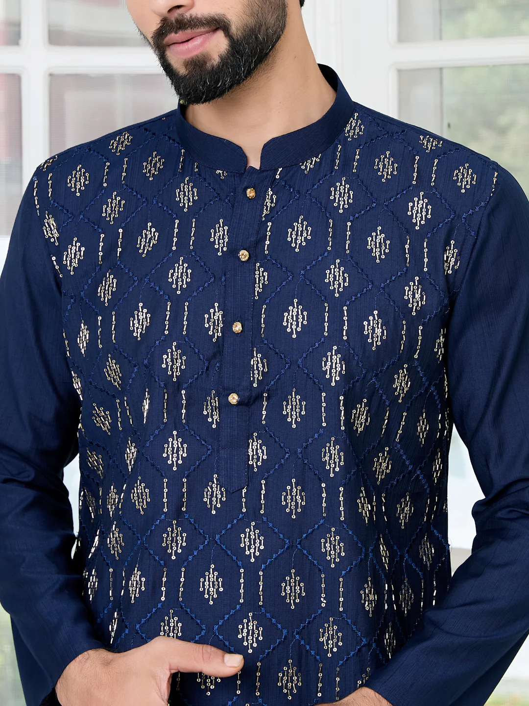 Men Blue Ethnic Motifs Embroidered Sequinned Mandarin Collar Straight Kurta - Image 2