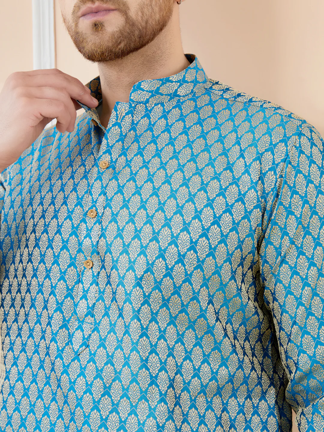Men Blue Ethnic Motifs Silk Jacquard Woven Design Straight Kurta - Image 2