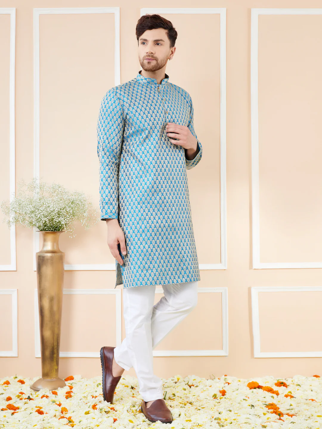 Men Blue Ethnic Motifs Silk Jacquard Woven Design Straight Kurta - Image 3