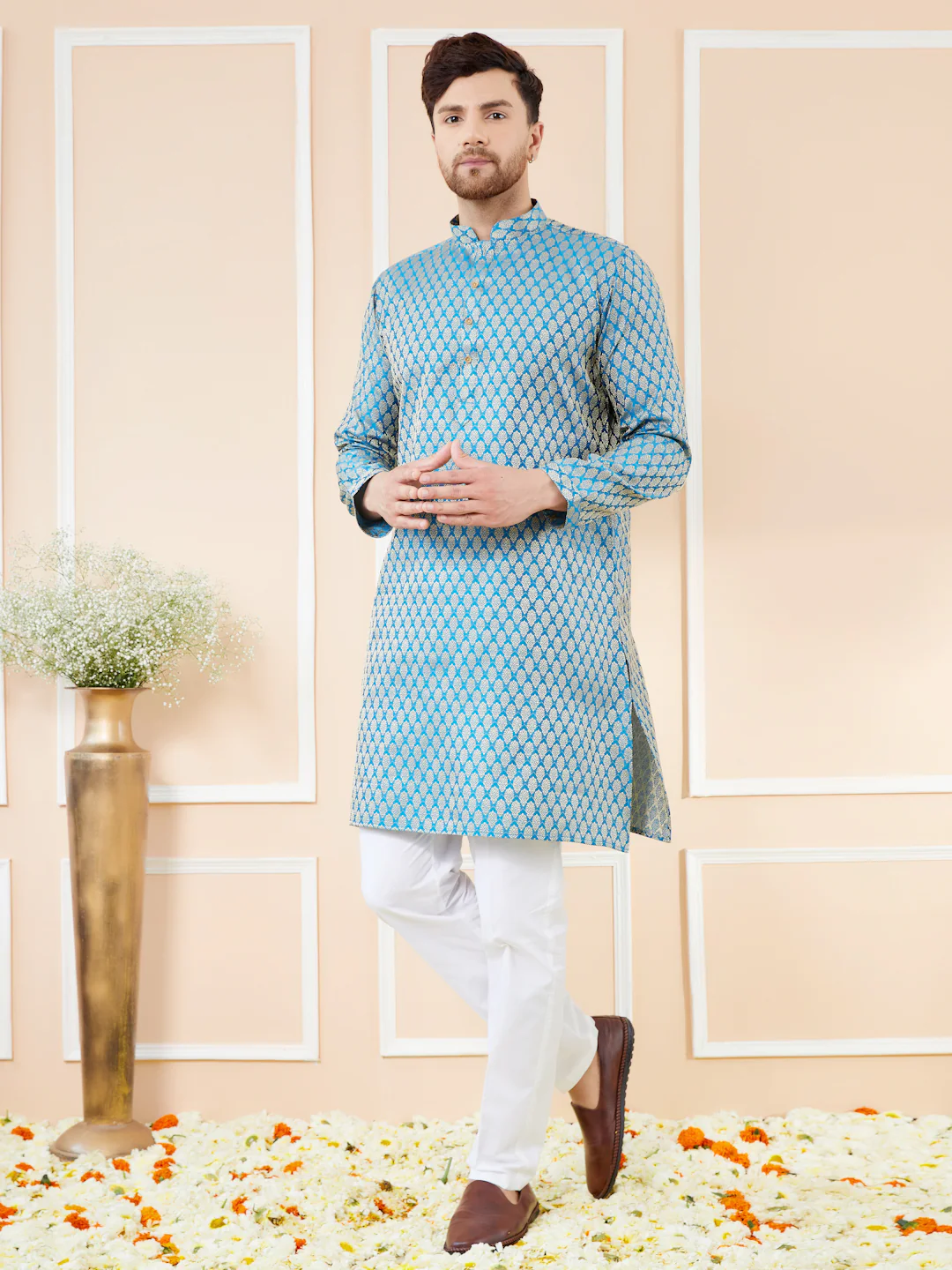 Men Blue Ethnic Motifs Silk Jacquard Woven Design Straight Kurta - Image 4
