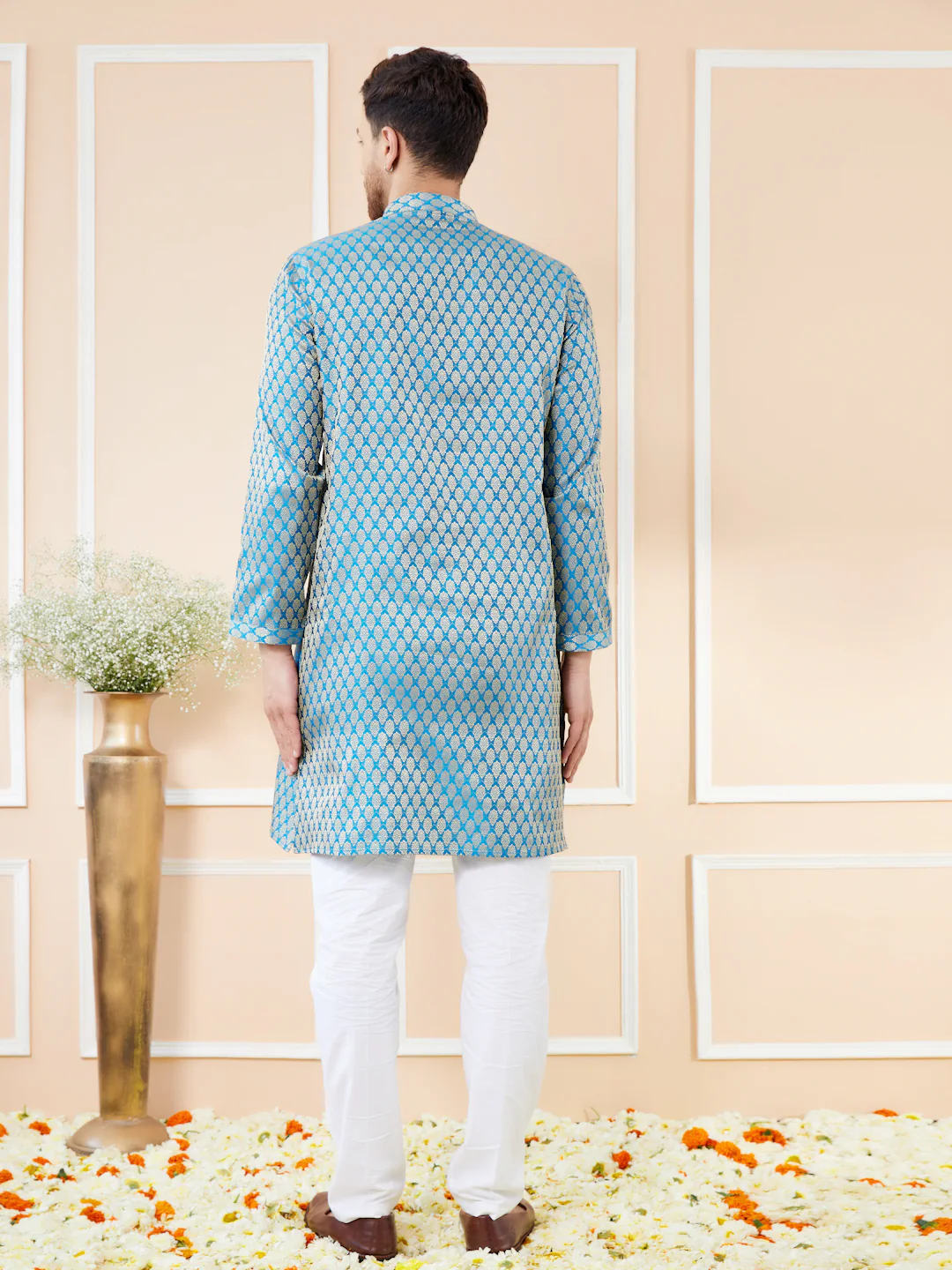 Men Blue Ethnic Motifs Silk Jacquard Woven Design Straight Kurta - Image 5