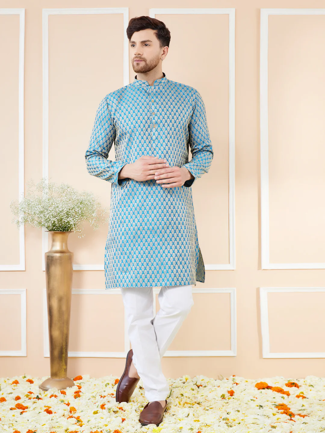 Men Blue Ethnic Motifs Silk Jacquard Woven Design Straight Kurta - Image 6