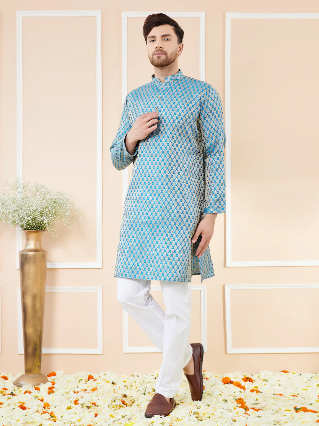 Men Blue Ethnic Motifs Silk Jacquard Woven Design Straight Kurta - Image 7
