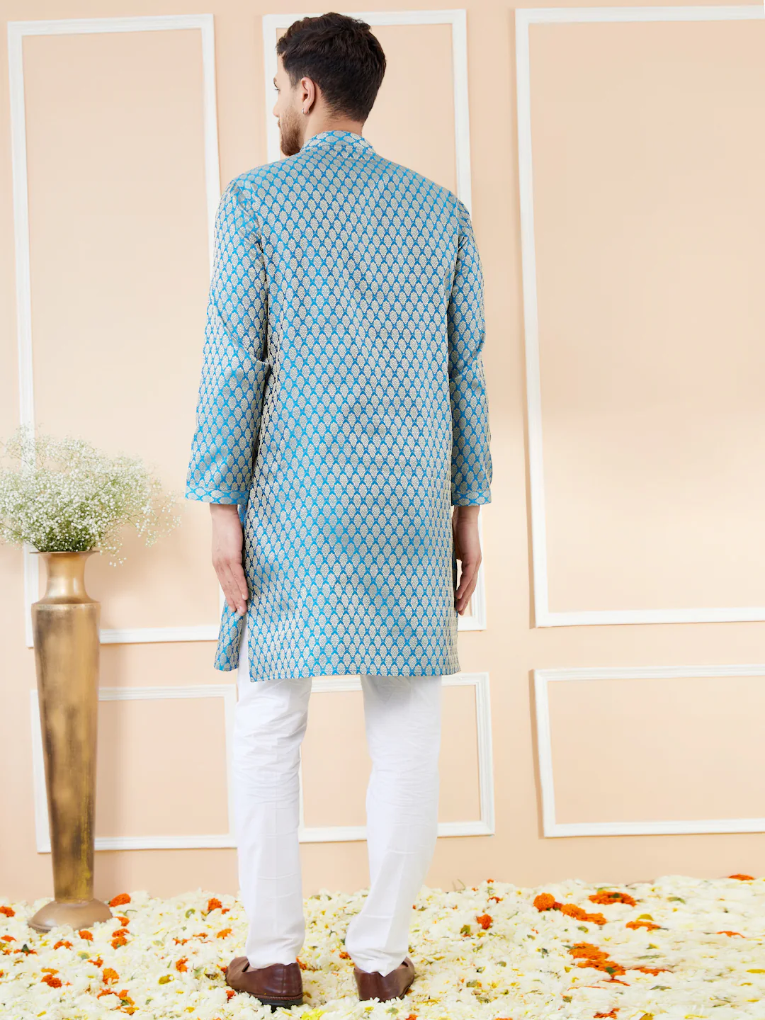Men Blue Ethnic Motifs Silk Jacquard Woven Design Straight Kurta - Image 9