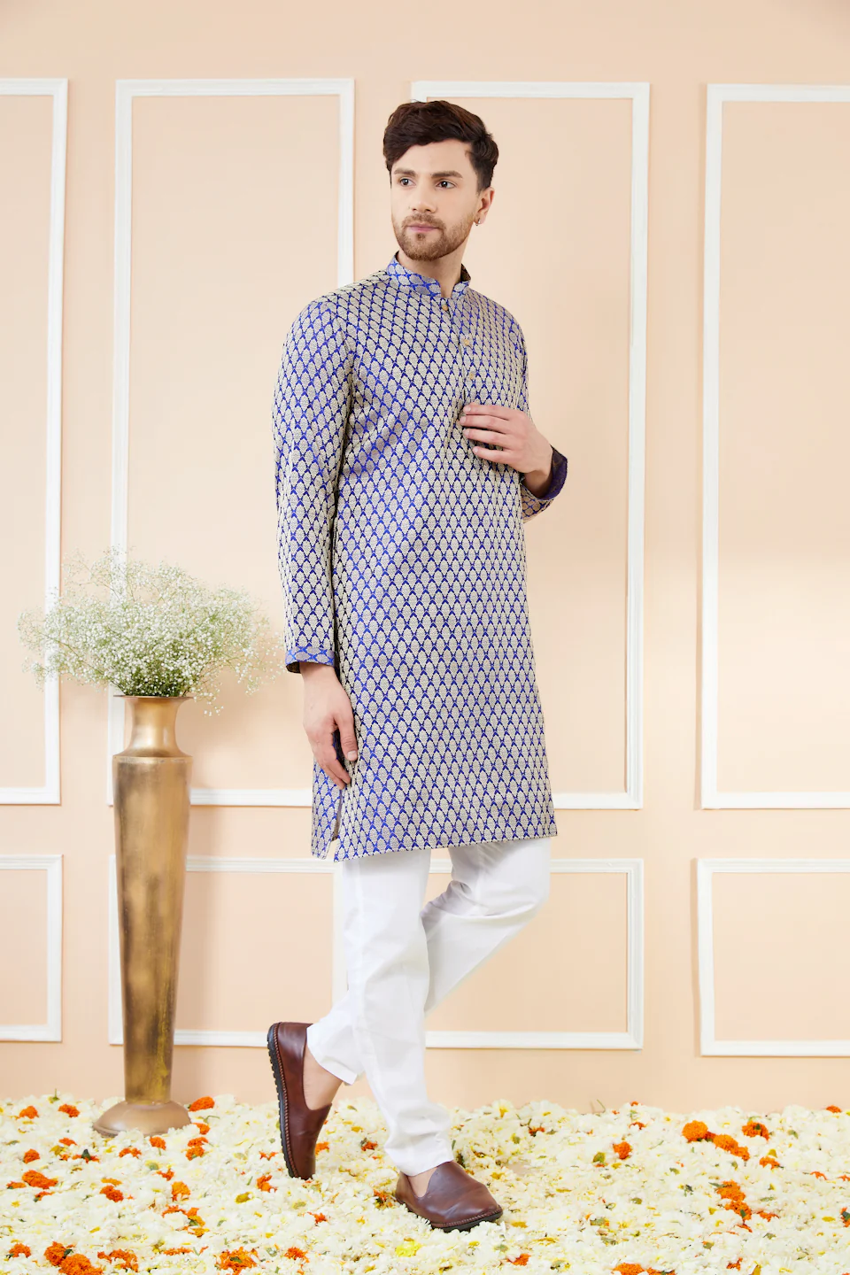 Men Blue Ethnic Motifs Silk Jacquard Woven Design Straight Kurta - Image 2