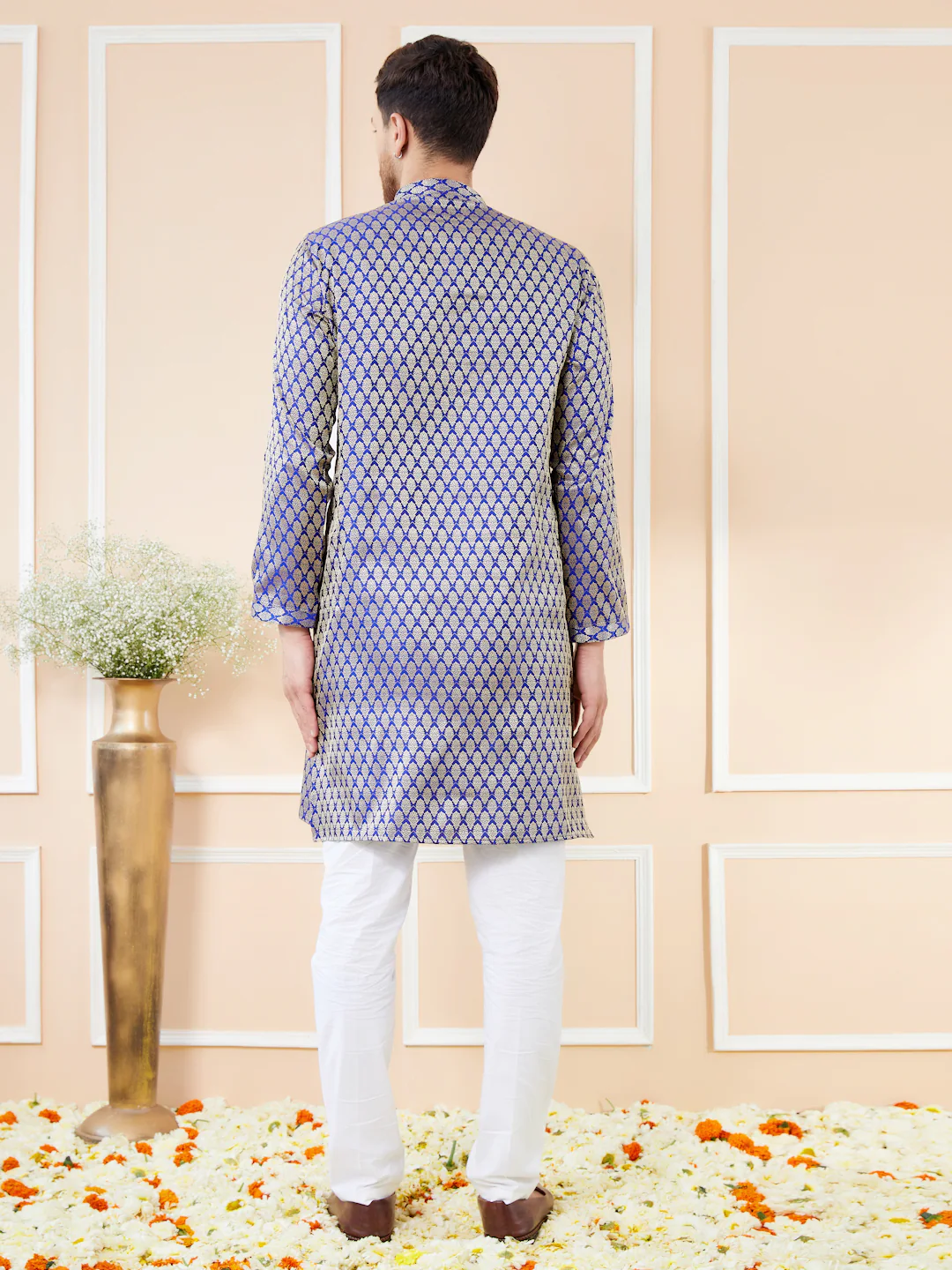 Men Blue Ethnic Motifs Silk Jacquard Woven Design Straight Kurta - Image 3