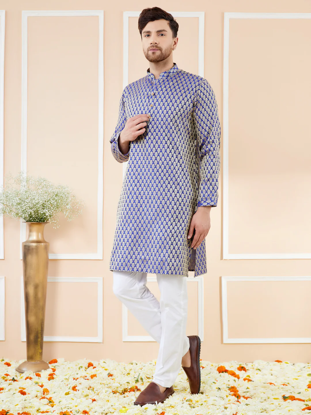 Men Blue Ethnic Motifs Silk Jacquard Woven Design Straight Kurta - Image 4