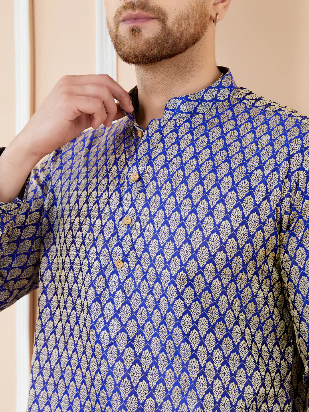 Men Blue Ethnic Motifs Silk Jacquard Woven Design Straight Kurta - Image 5