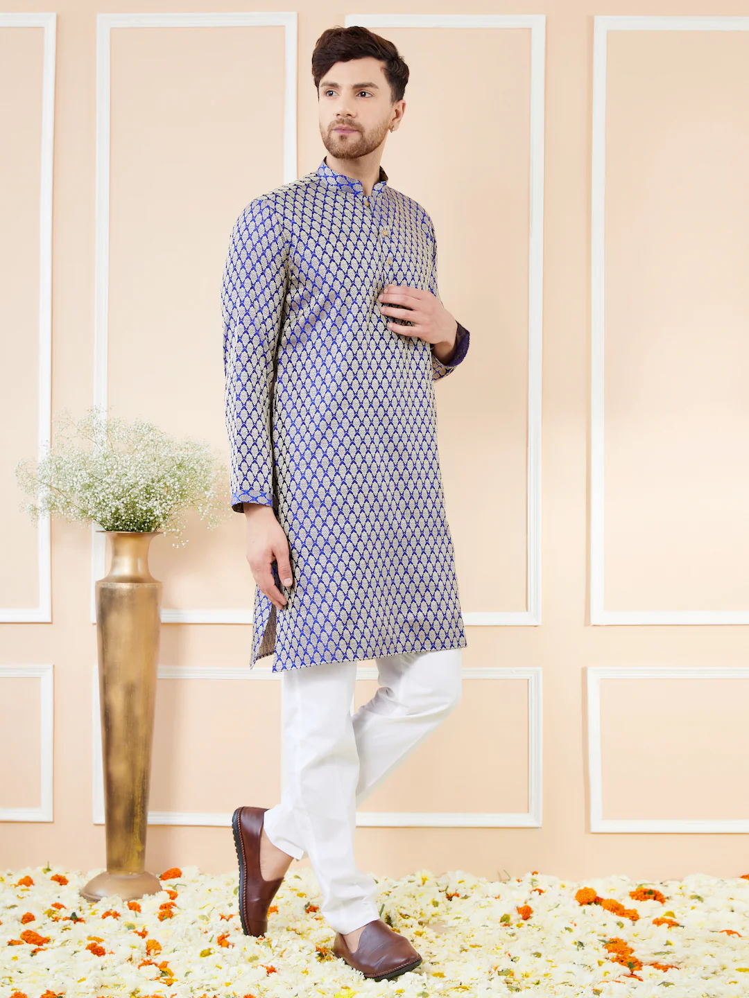 Men Blue Ethnic Motifs Silk Jacquard Woven Design Straight Kurta - Image 6