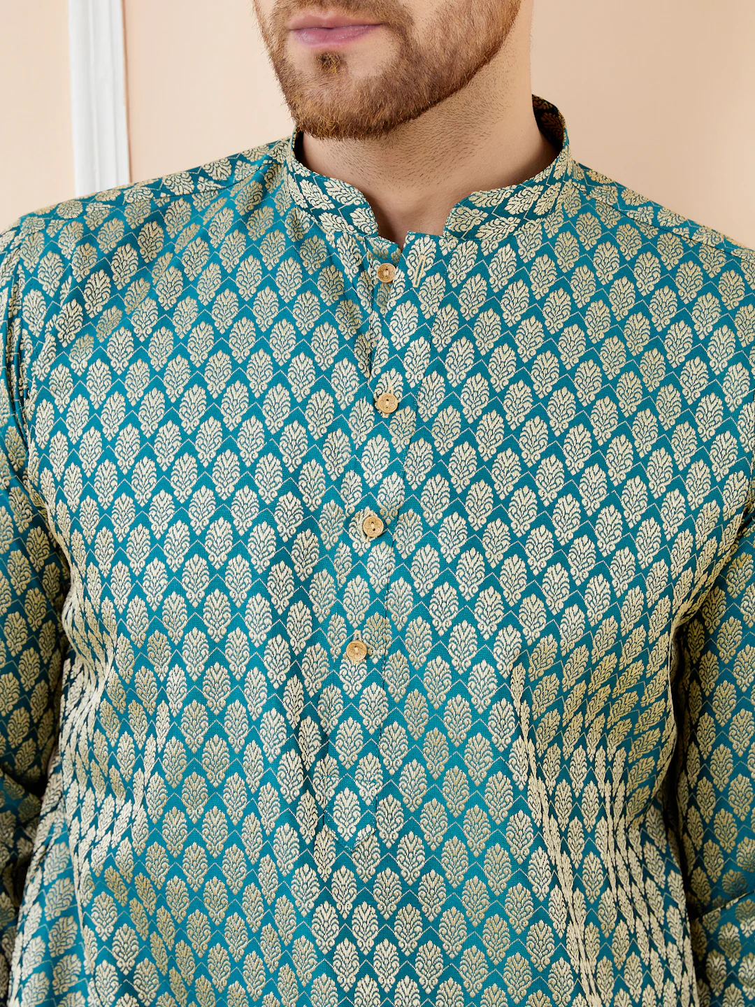 Men Blue Ethnic Motifs Silk Jacquard Woven Design Straight Kurta - Image 2