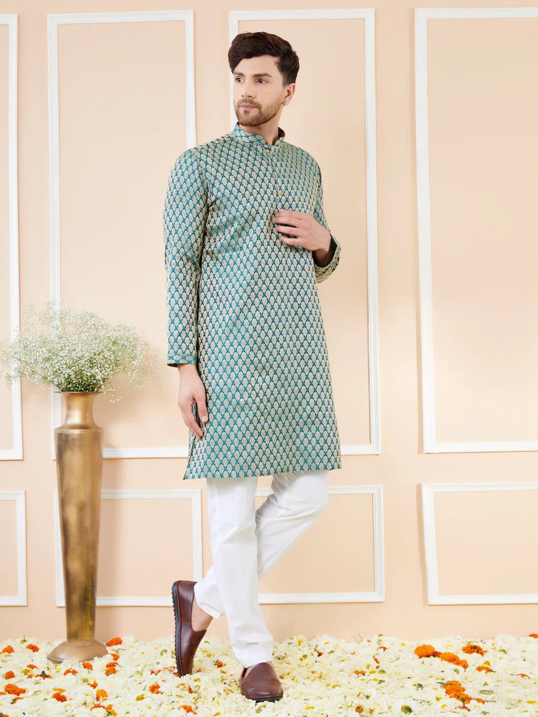 Men Blue Ethnic Motifs Silk Jacquard Woven Design Straight Kurta - Image 3