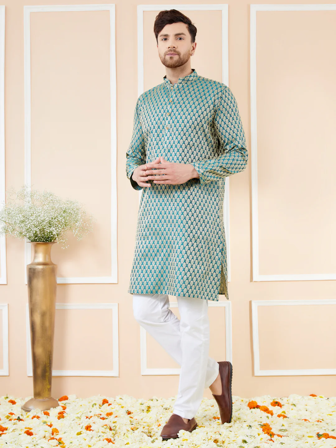Men Blue Ethnic Motifs Silk Jacquard Woven Design Straight Kurta - Image 4