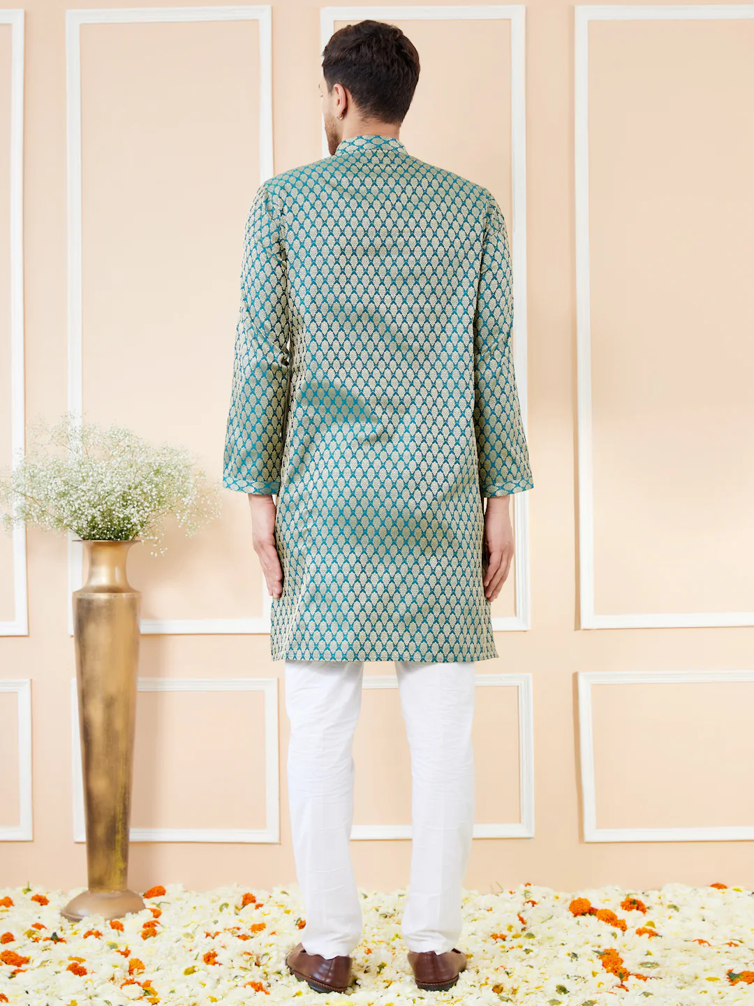 Men Blue Ethnic Motifs Silk Jacquard Woven Design Straight Kurta - Image 5