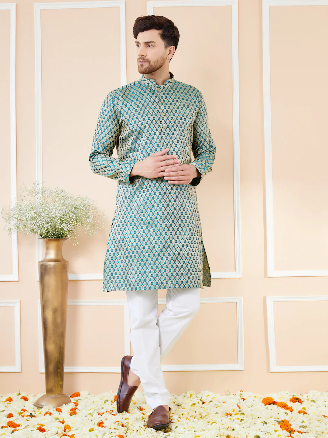 Men Blue Ethnic Motifs Silk Jacquard Woven Design Straight Kurta - Image 6