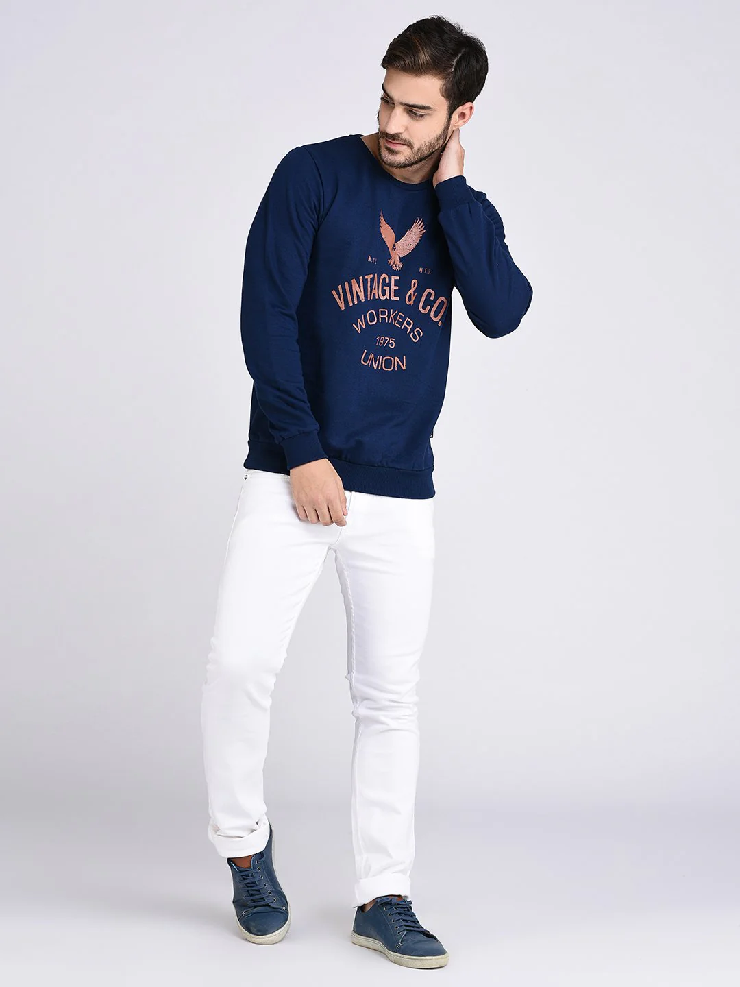 Men Blue Fleece Printed Sweatshirt - Image 2