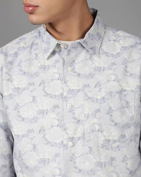 Men Blue Floral Print Shirt - Image 4