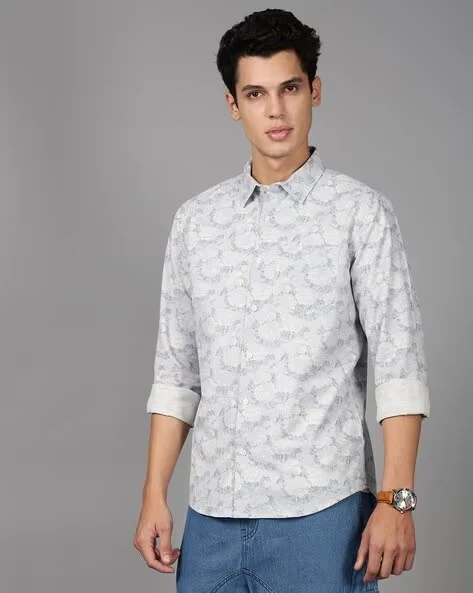 Men Blue Floral Print Shirt - Image 5