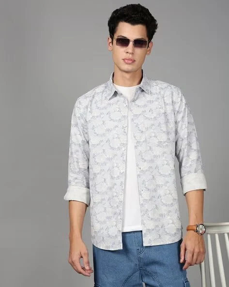 Men Blue Floral Print Shirt - Image 6
