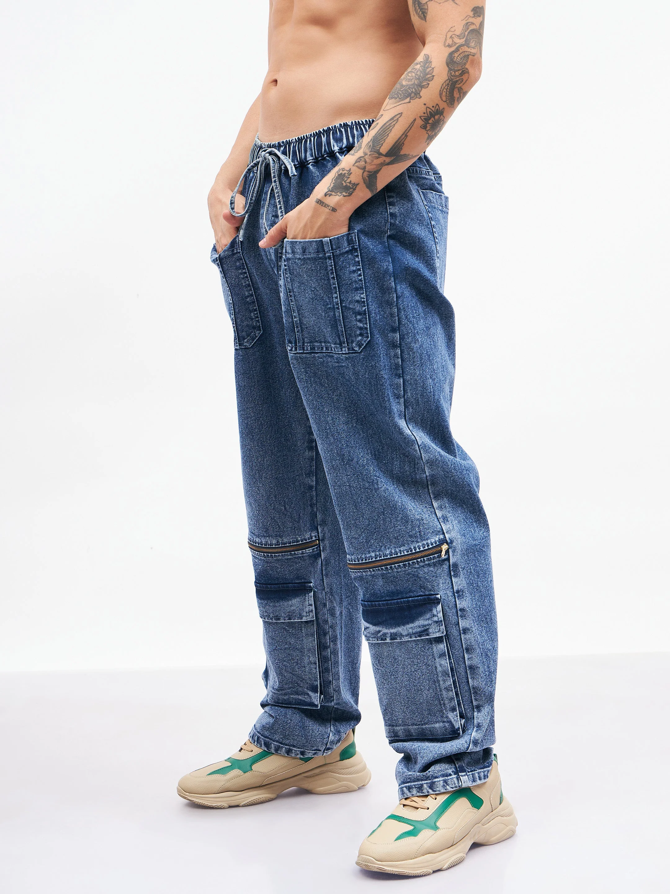 Men Blue Front Zipper Baggy Fit Jeans - Image 4