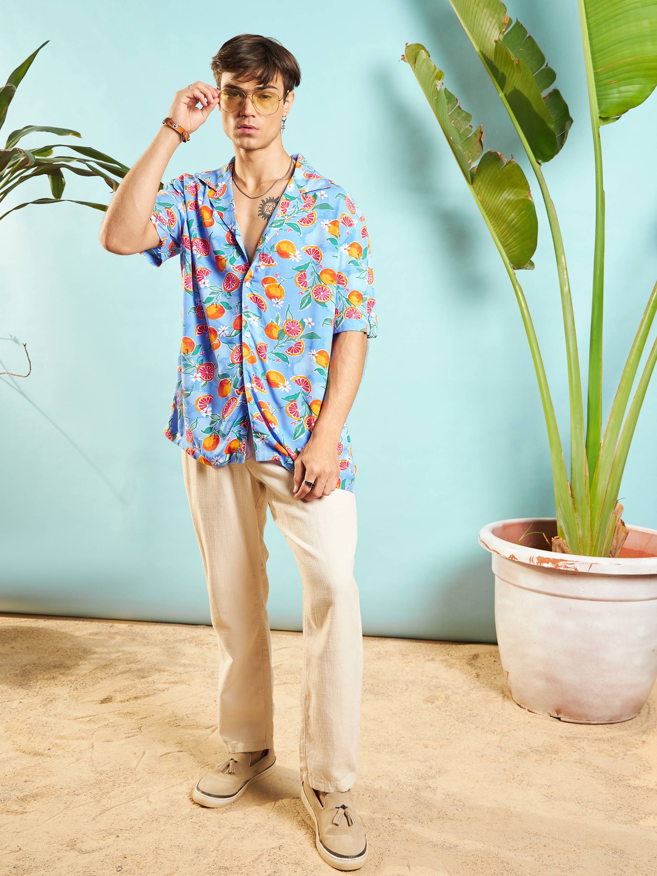 Men Blue Fruit Print Relax Fit Shirt - Image 2