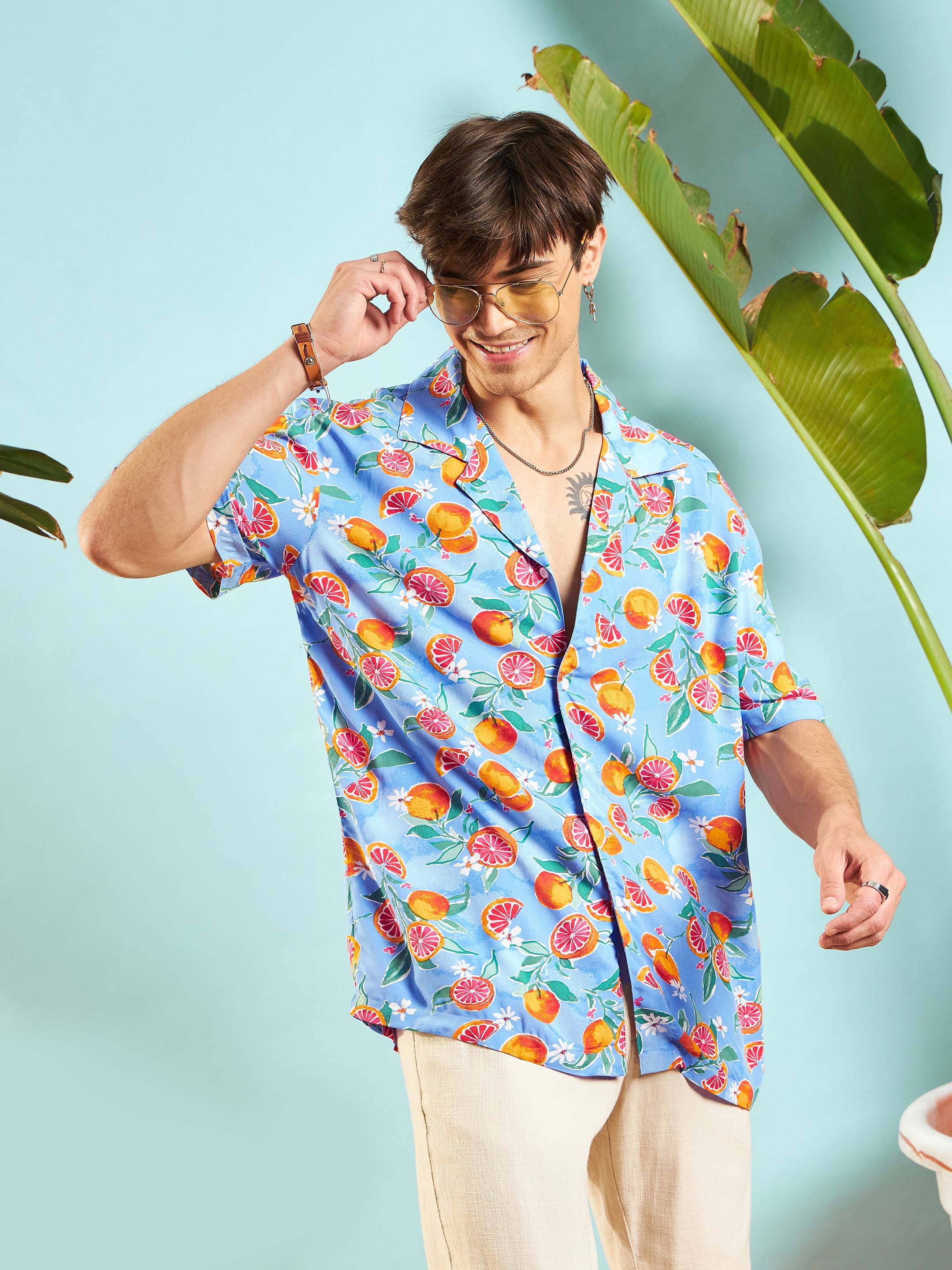 Men Blue Fruit Print Relax Fit Shirt - Image 3