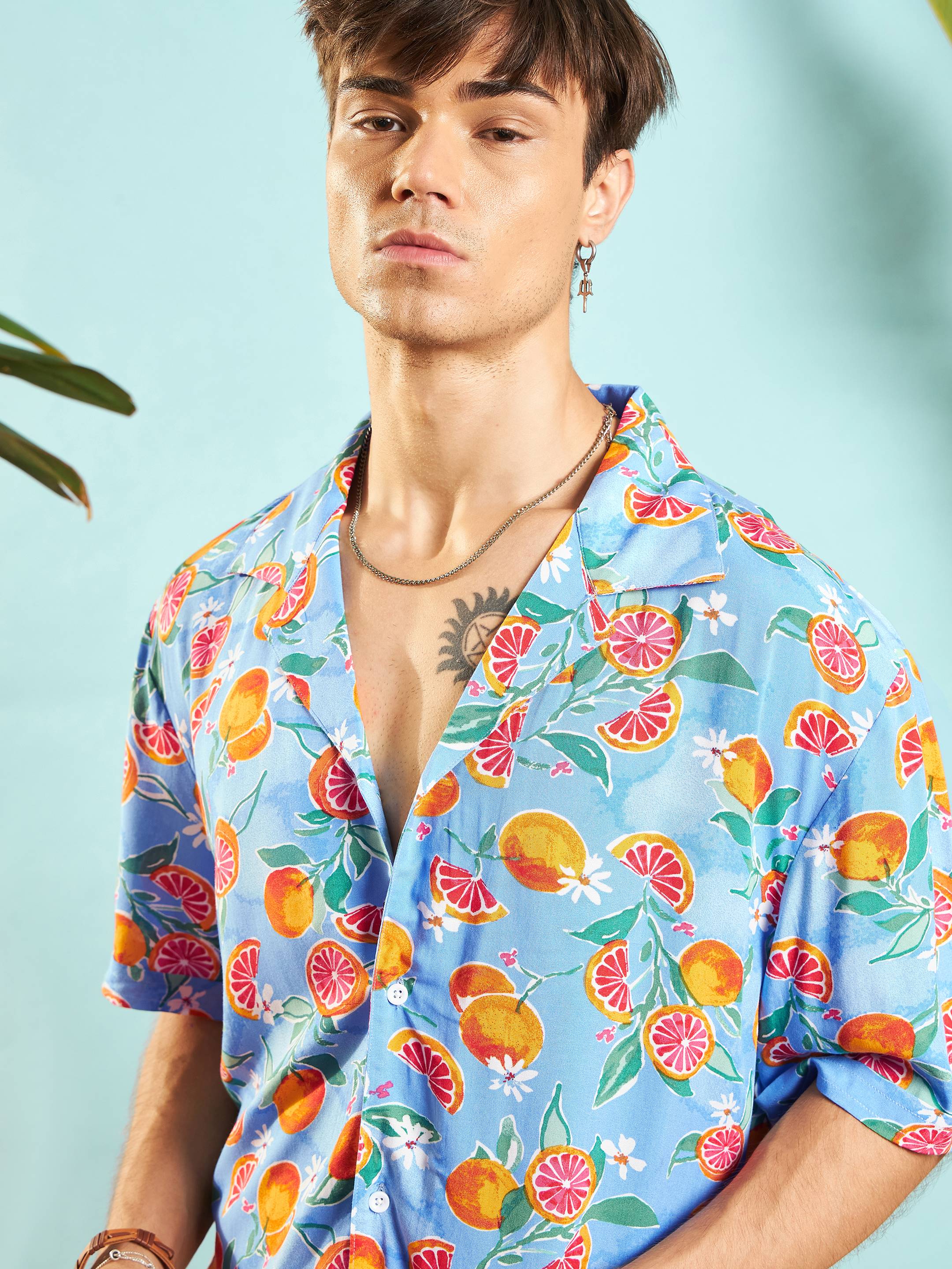 Men Blue Fruit Print Relax Fit Shirt - Image 4