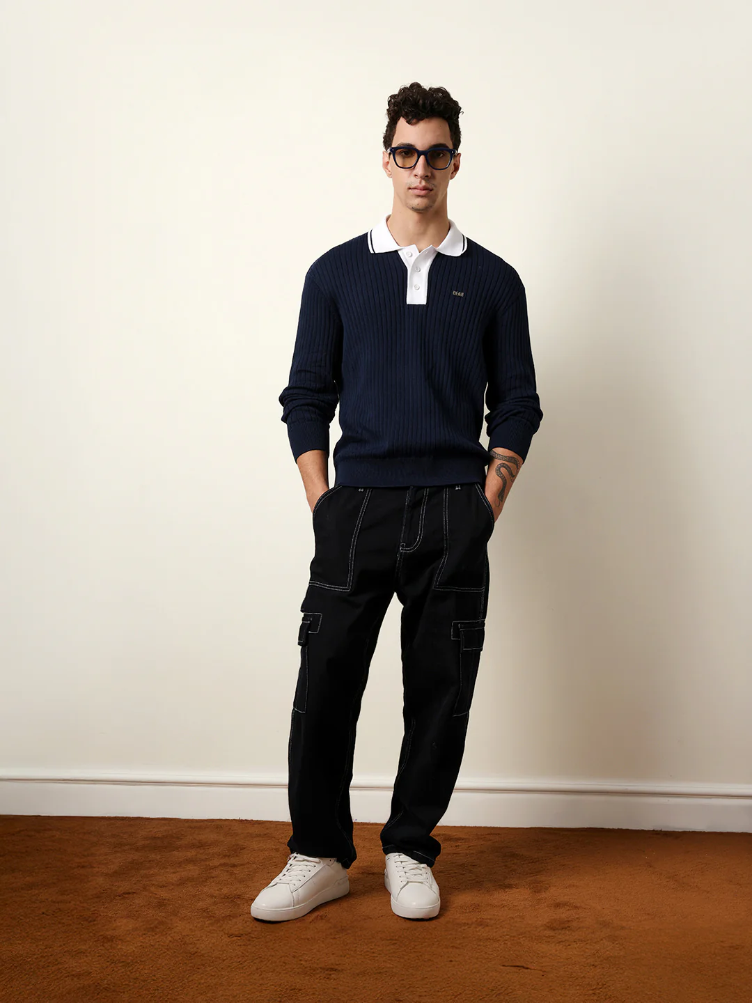 Men Blue Full Sleeve Polo T-Shirt - Image 3