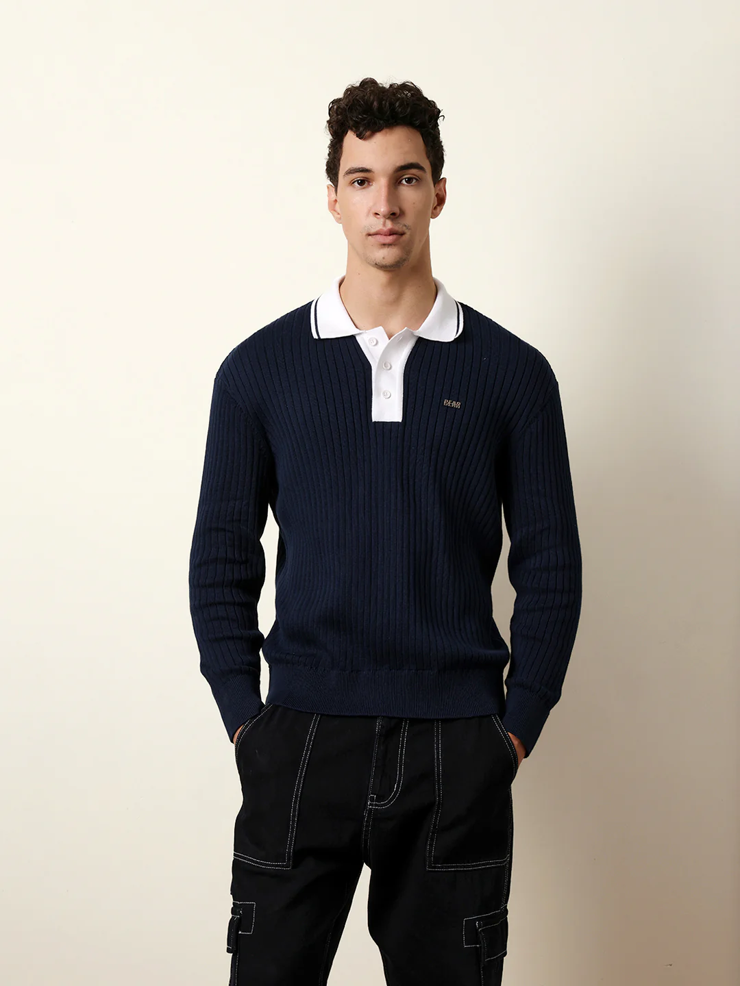 Men Blue Full Sleeve Polo T-Shirt - Image 4