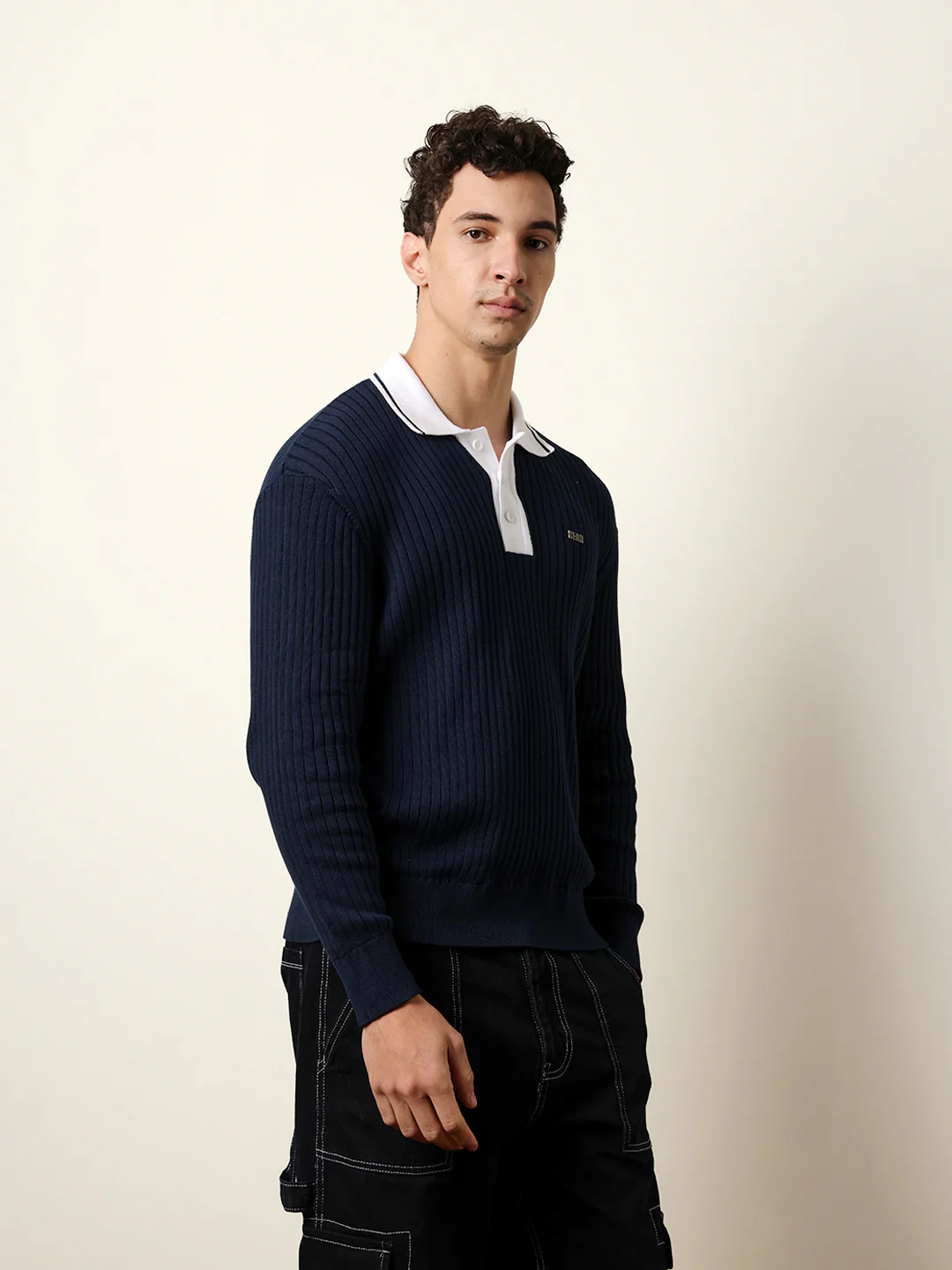 Men Blue Full Sleeve Polo T-Shirt - Image 5
