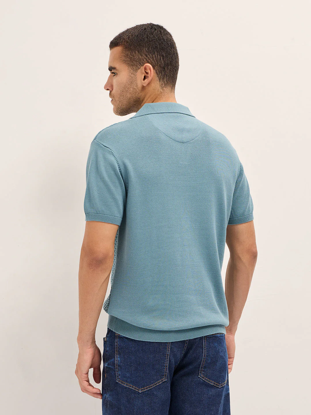 Men Blue Geometric Texture Slim Fit Polo - Image 2