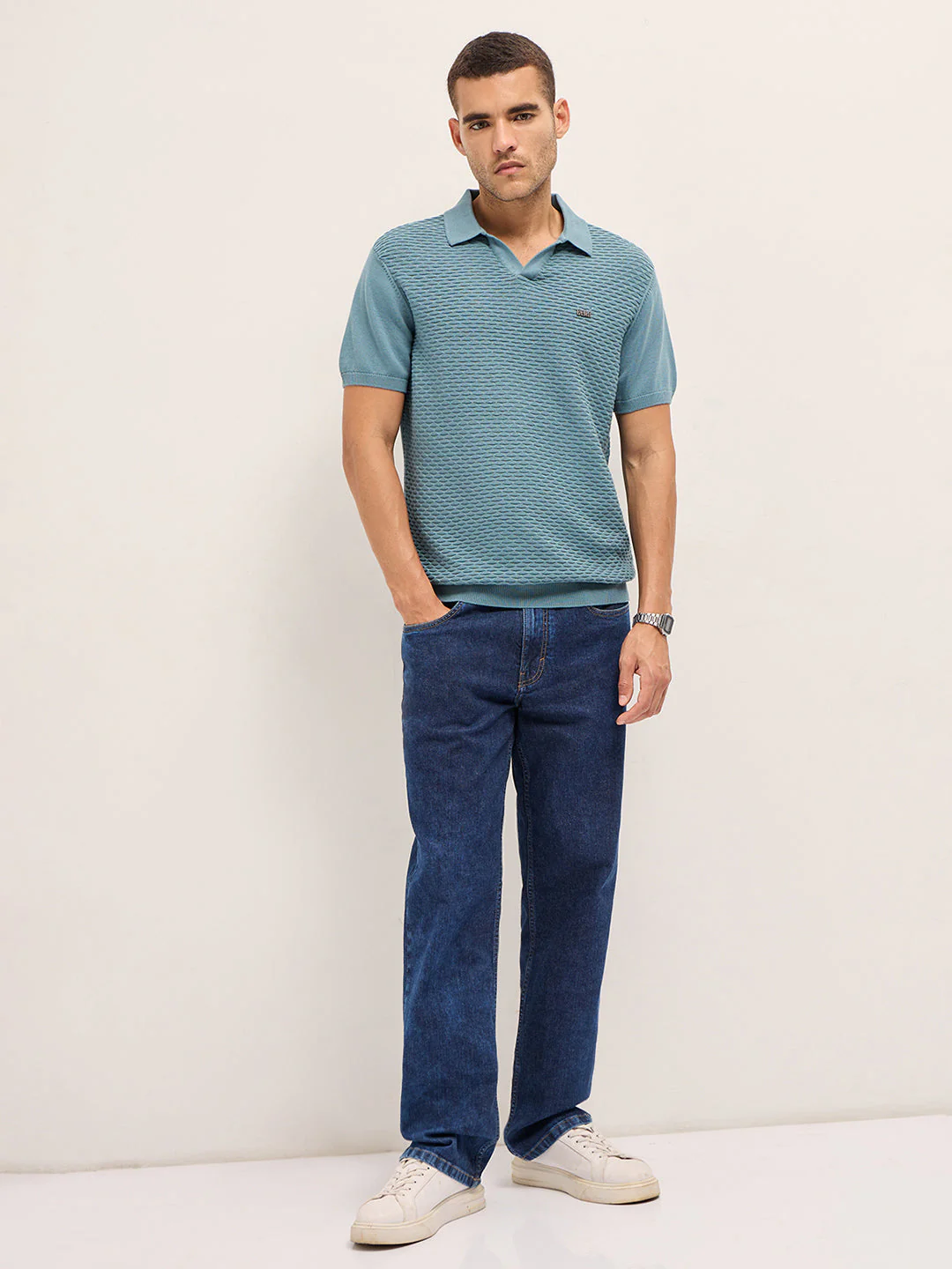 Men Blue Geometric Texture Slim Fit Polo - Image 4