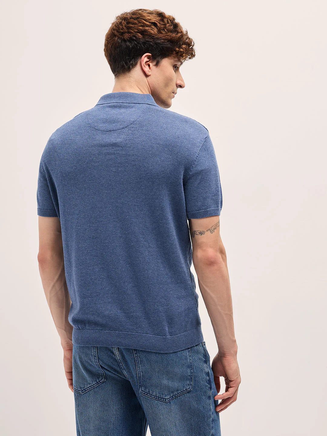 Men Blue Geometric textured Knit Slim Fit Polo - Image 2