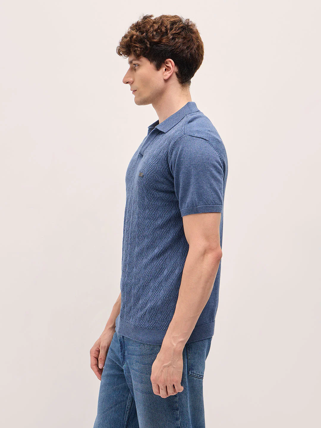 Men Blue Geometric textured Knit Slim Fit Polo - Image 3
