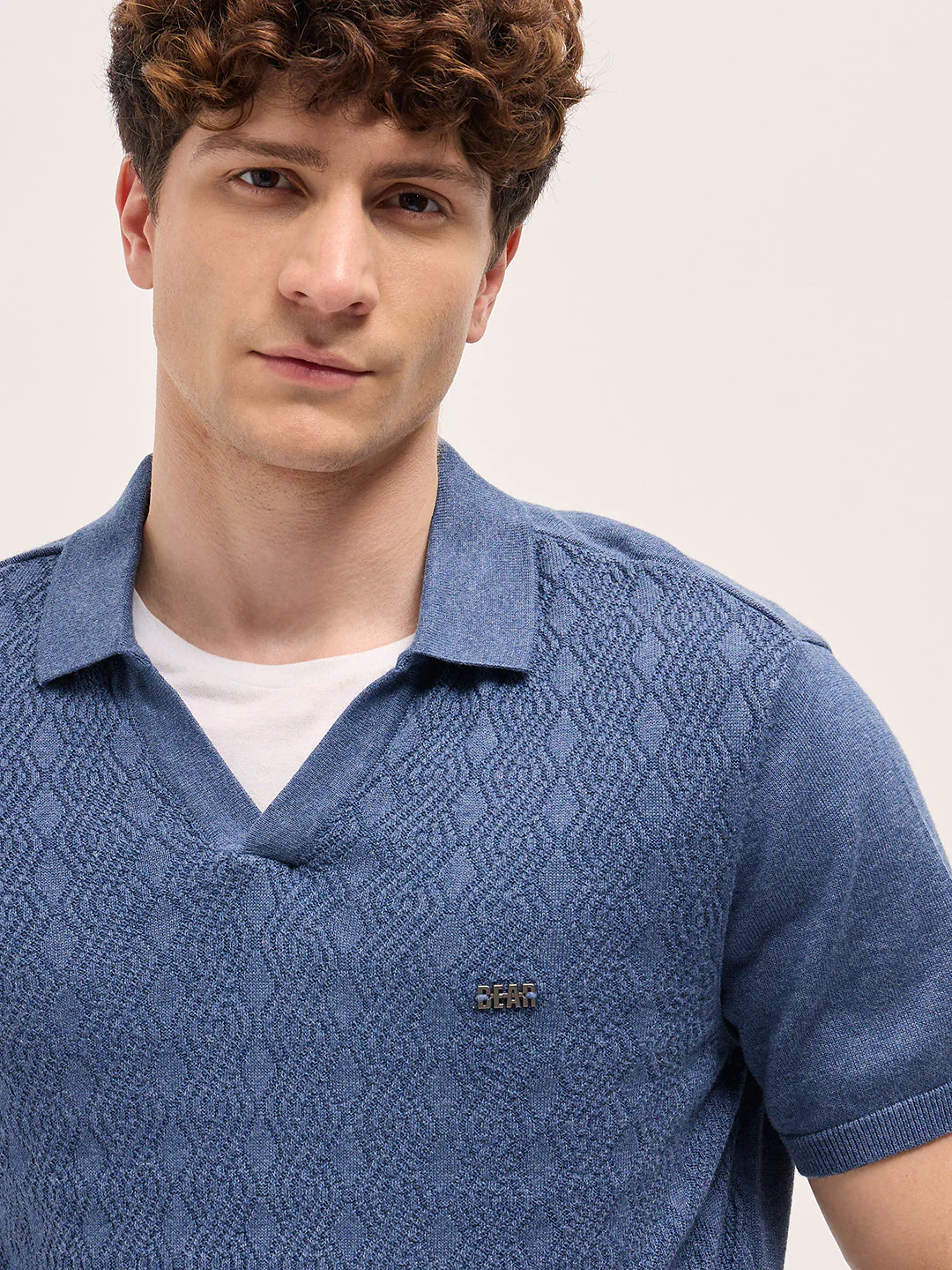 Men Blue Geometric textured Knit Slim Fit Polo - Image 5