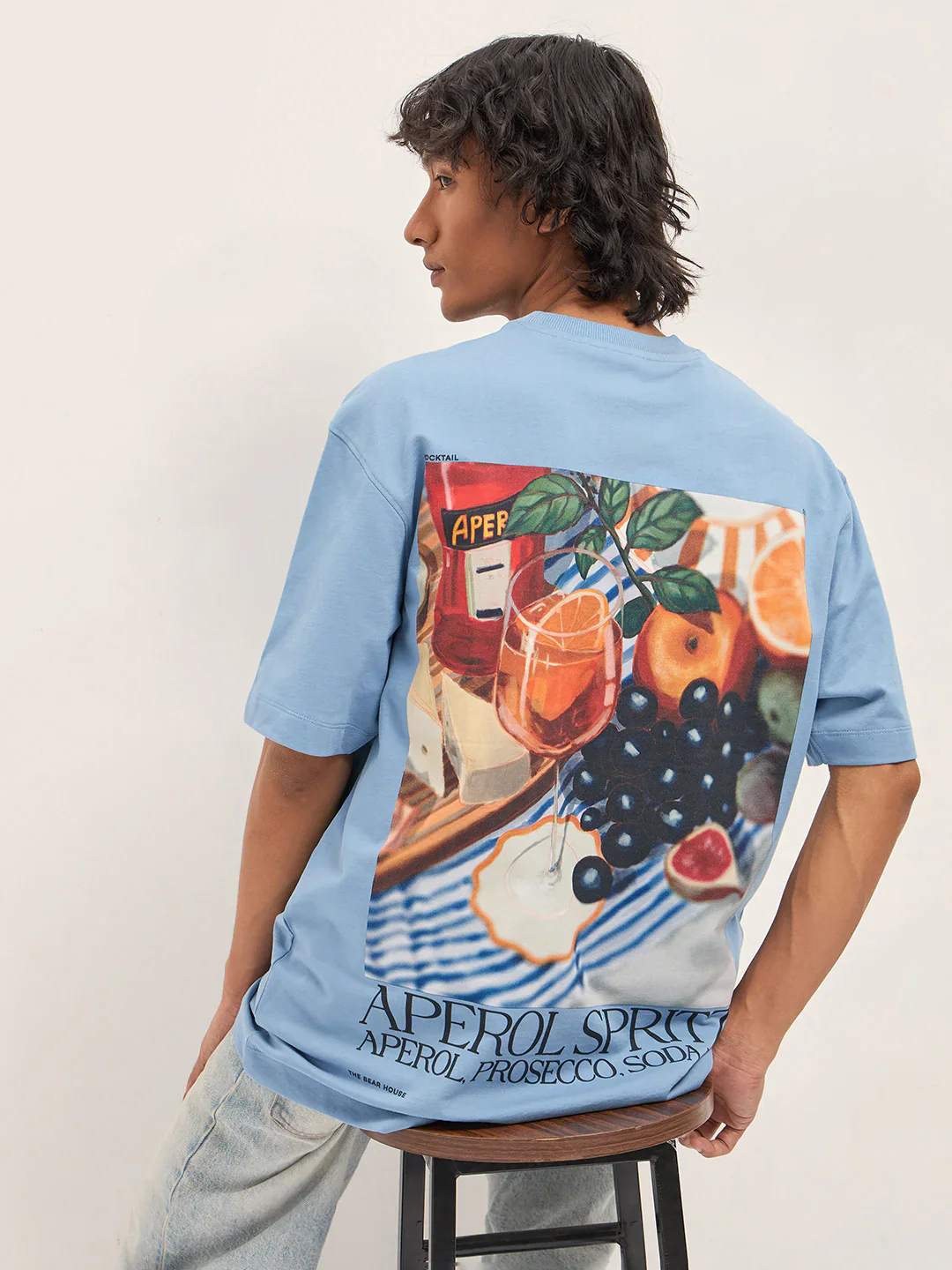Men Blue Graphic Back Print Oversized T-Shirt - Image 4
