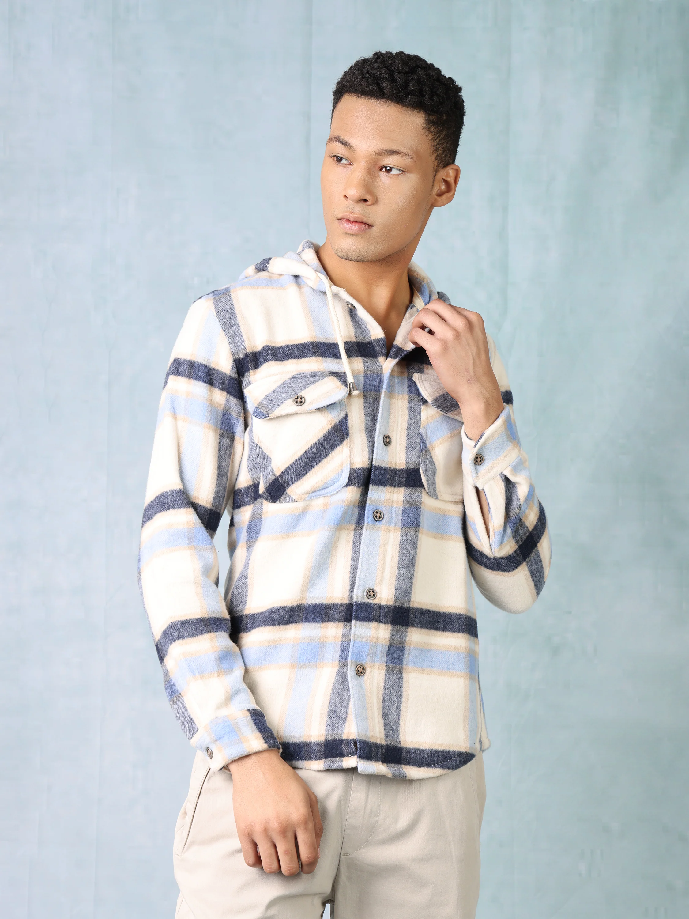 Men Blue Grey Comfort Fit Shacket - Image 2