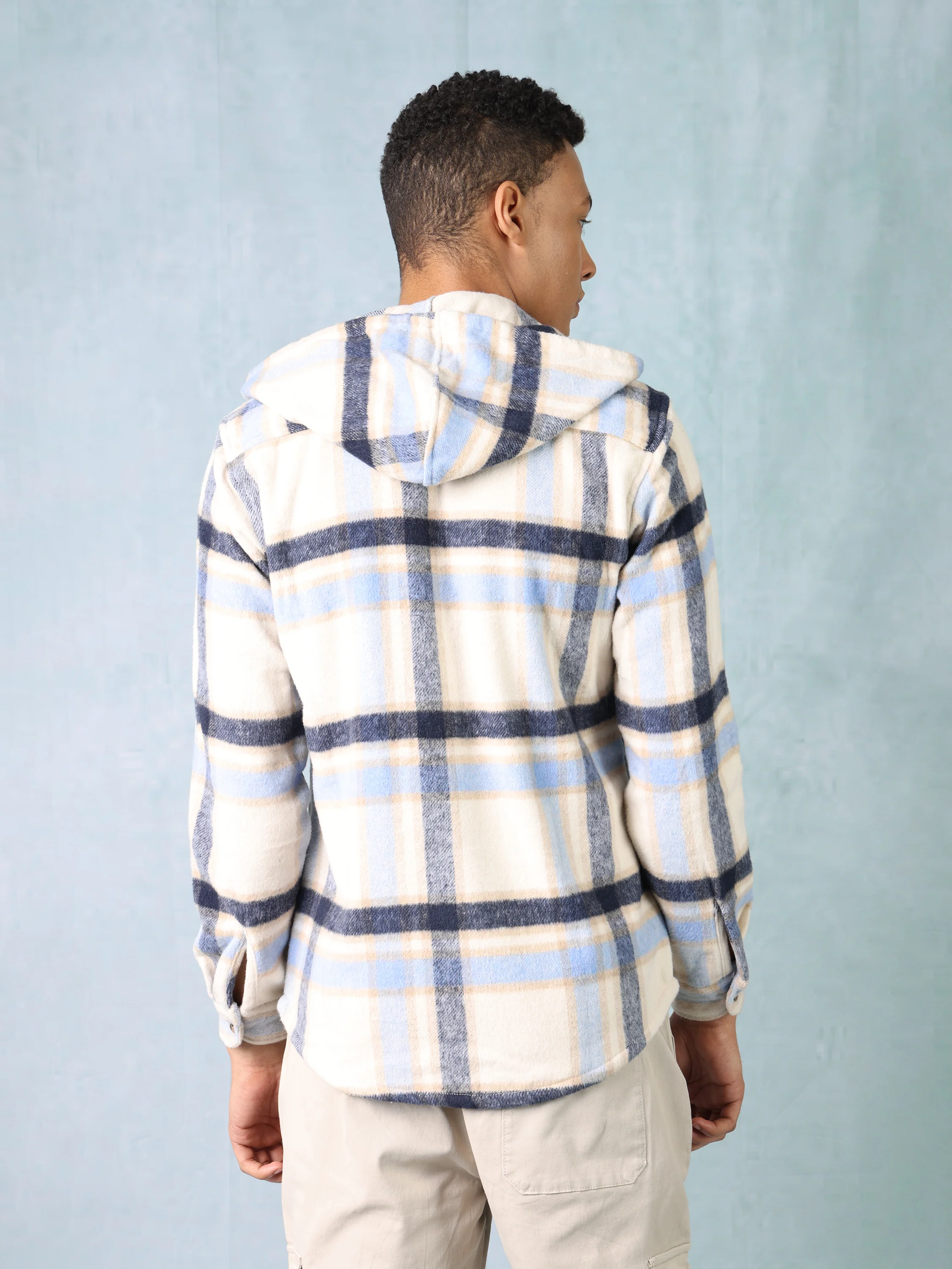 Men Blue Grey Comfort Fit Shacket - Image 4
